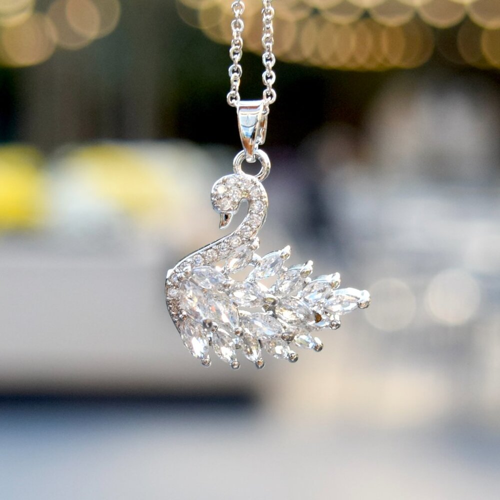 White Swan Crystal Diamond Charm - Stainless Steel Necklace